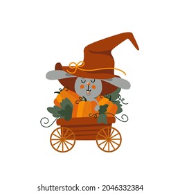 Conejo lindo con cosecha de calabaza. Pequeño conejito con sombrero grande sentado en un carrito de madera con calabazas naranjas llenas. Idea para cartas de Halloween, Día de Acción de Gracias. Ilustración vectorial plana aislada en blanco.