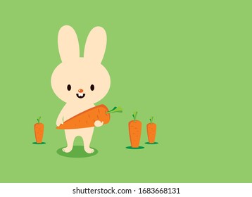 Vector de zanahorias de recolección de conejo. Conejito cortado con vector de zanahoria. Conejo con personaje de dibujos animados de zanahoria. Icono de conejo aislado en un fondo verde con espacio de copia para texto