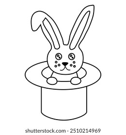 Cute rabbit in a hat, doodle style flat vector outline for coloring book