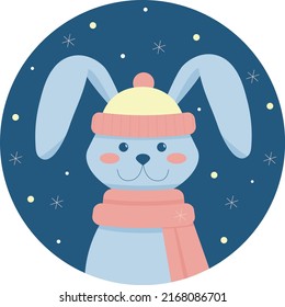 Cute rabbit in a hat and scarf. Symbol of the new year. Hello winter postcard. Flat cartoon vector illustration.