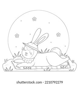Cute rabbit in a hat sunbathing on the grass coloring pages. Bunny basking in the sun children's coloring book. Vector black and white illustration.