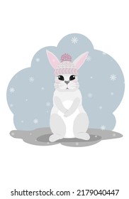 Cute rabbit in a hat. Symbol of the year 2023. Symbol of the Chinese New Year. Cute bunny. Gray winter bunny