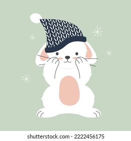 Cute rabbit in a hat. Year of the rabbit, symbol of 2023. Vector illustration