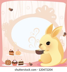 Cute Rabbit is having afternoon tea with desert