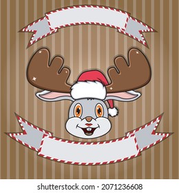 Cute Rabbit Head With Christmas Hat. Blank label and banner. Character, Mascot and Icon. vector and Illustration.