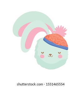 cute rabbit head with hat merry christmas vector illustration