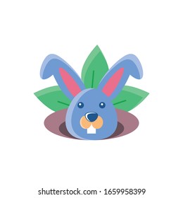 cute rabbit head and leaves over white background, flat style icon, vector illustration