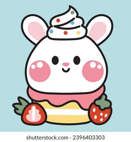 Cute rabbit head strawberry cupcake.Rodent animal face character cartoon design.Sweet and dessert.Kawaii.Vector.Illustration.