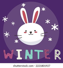 Cute rabbit head with Winter text on purple snowflakes background, Happy Christmas new year bunny greeting gift design template, Flat design vector Illustration EPS