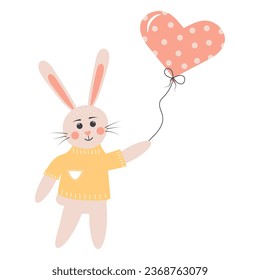Cute rabbit with heart balloon. Easter bunny boy. Cartoon forest character.