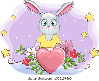 cute rabbit with heart on Happy Valentine's day card