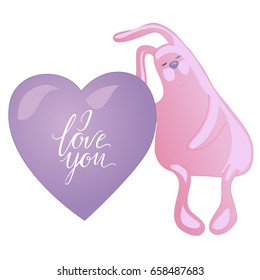 Cute rabbit and heart solated on white background. I love you lettering and heart. Vector illustration