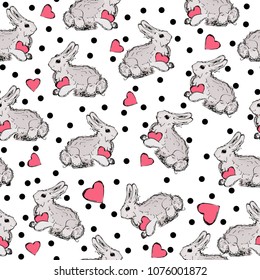 Cute rabbit and heart, vector seamless pattern, design for textile texture, fabric, wrapper, cover, print