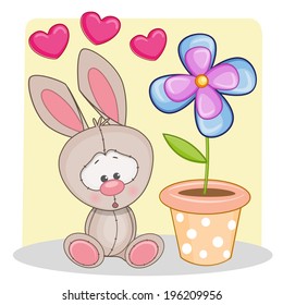Cute rabbit with hearts and flower