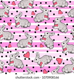 Cute rabbit and hearts on pink striped pattern, black small dots repeat background, seamless vector illustration