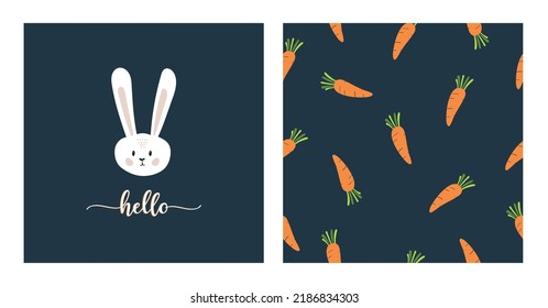 Cortar conejo con texto saludo y dibujar un patrón de zanahoria sin fisuras repetido textura diseño de fondo para telas, papel tapiz, etc.