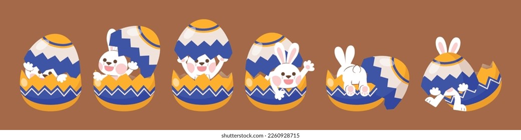 Cute Rabbit Hide In Colorful Easter Egg Shell, Vector, Illustration