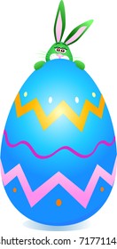 Cute rabbit is hiding behind a huge Easter egg, vector
