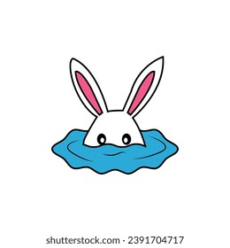 Cute rabbit, hiding, in water, animal, in cartoon style.