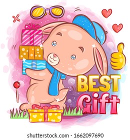 Cute Rabbit hold Birthday Gift in Birthday Party