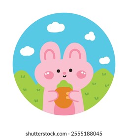 Cute rabbit hold carrot mountain sky cloud background picture screen on brooch pin.Rodent animal character cartoon design.Kawaii.Vector.Illustration.