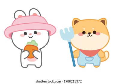 Cute rabbit hold carrot with shiba inu dog farmer on white background.Image for kid product,card,sticker,wallpaper.Isolated.Art.Graphic design.Animals character hand drawn.Kawaii.Vector.Illustration.