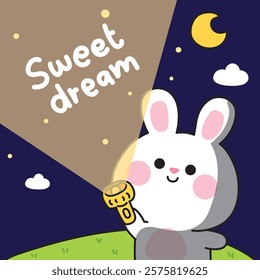 Cute rabbit hold flashlight to night sky background with sweet dream text.Moon and cloud.Rodent animal character cartoon design.Kawaii.Vector.illusration.