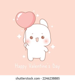 Cute rabbit hold heart balloon, happy valentine's day, cartoon character illustration