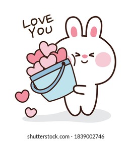 Cute rabbit hold heart in bucket in cartoon.Animal character design.Graphic.Baby bunny.Love you text.Vector.Illustration.Illustrator.