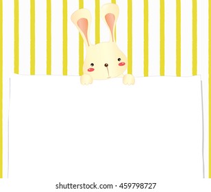 Cute rabbit hold paper design with space for your text on stripes line white and yellow background, Vector illustration