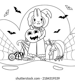 Cute rabbit hold pumpkin. Bunny outline vector Halloween character illustration. Black line art isolated on white background. The year of the rabbit, symbol of 2023