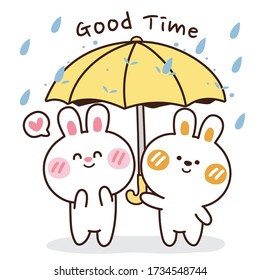 Cute rabbit hold umbrella hand drawn.Good time text.Rain.Love.Animal cartoon character design.Kid graphicDoodle.Kawaii.Vector.Illustration.