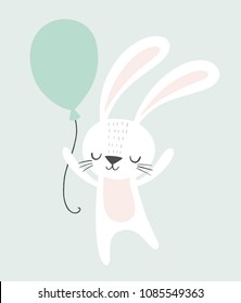 Cute rabbit holding a balloon. Childish illustration. Nursery wall art, kids party invitation, birthday greeting card, baby shower, poster.