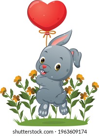 The cute rabbit is holding the balloon and jumping in the garden full of flowers of illustration