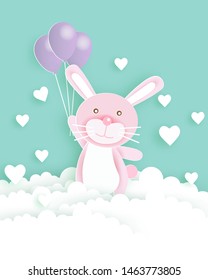  cute rabbit holding balloons and standing on the cloud with mini hearts for valentine's day card . paper cut and craft style . 
