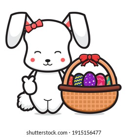 Cute rabbit holding basket contain colorful eggs cartoon vector icon illustration. Easter day icon concept isolated vector. Flat cartoon style