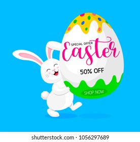 Cute rabbit holding big egg. Special offer for Easter. Easter eggs hanging, illustration isolated on blue background. Great for your design of poster, greeting card and banner.