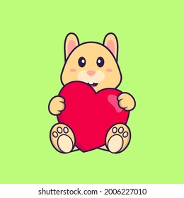 Cute rabbit holding a big red heart. Animal cartoon concept isolated. Can used for t-shirt, greeting card, invitation card or mascot.