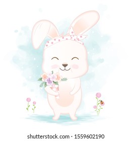 Cute rabbit holding bouquet hand drawn cartoon illustration watercolor background