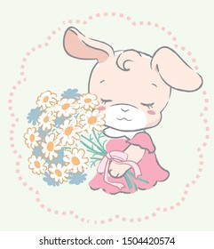 Cute rabbit holding a bouquet. Vector illustration for invitation card, birthday card, baby wear design or other use.