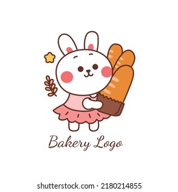 conejo lindo sosteniendo un pan para el logo de la panadería.