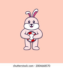 Cute rabbit holding a buoy. Animal cartoon concept isolated. Can used for t-shirt, greeting card, invitation card or mascot.