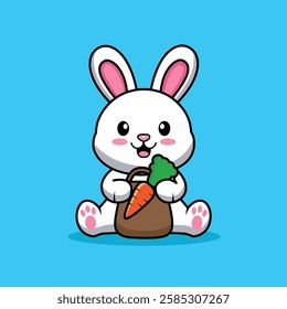 Cute Rabbit Holding Carrot Bag - Flat Vector Illustration 