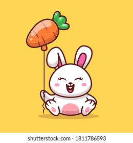 Cute Rabbit Holding Carrot Balloon Cartoon Vector Icon Illustration. Animal Food Icon Concept Isolated Premium Vector. Flat Cartoon Style