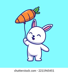 Cute Rabbit Holding Carrot Balloon Cartoon Vector Icon Illustration. Animal Holiday Icon Concept Isolated Premium Vector. Flat Cartoon Style