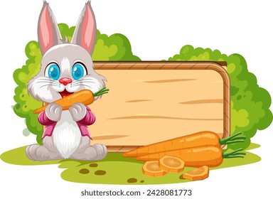 Cute rabbit holding a carrot beside a wooden sign.