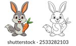 Cute Rabbit Holding Carrot Cartoon. Rabbit Coloring Page. Animal Coloring Printable. Rabbit Coloring Book For Kids