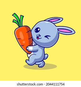 Cute Rabbit Holding Carrot Cartoon Vector Icon Illustration. Animal Nature Icon Concept Isolated Premium Vector. Flat Cartoon Style