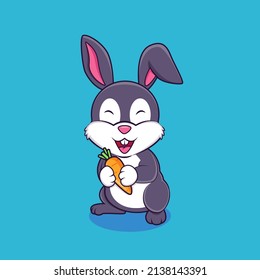 Cute rabbit holding carrot cartoon vector illustration. Happy bunny cartoon icon on blue background.