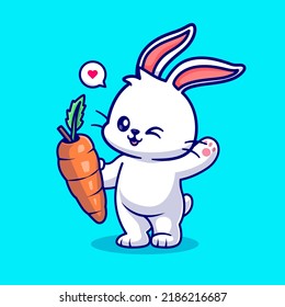 Cute Rabbit Holding Carrot Cartoon Vector Icon Illustration. Animal Nature Icon Concept Isolated Premium Vector. Flat Cartoon Style